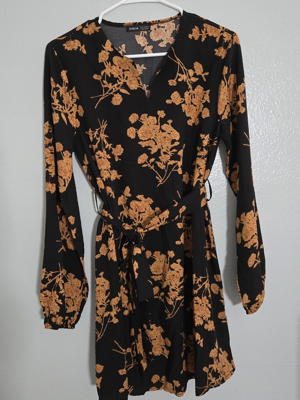 SHEIN Black Long-Sleeve Floral Wrap Dress with Orange Print
